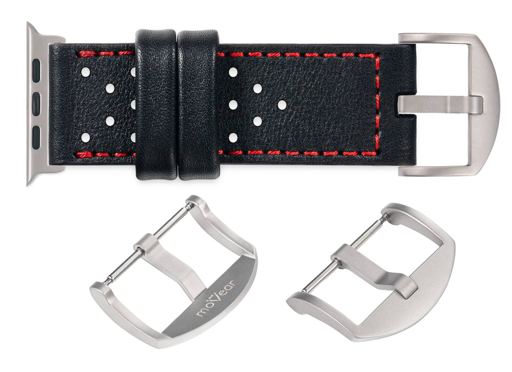 moVear Prestige R2T (Rally) Lederarmband 26mm für Apple Watch Ultra 49mm mit Titanadapter und Schnalle | Schwarz, Schwarz Nähte [Größen XS-XXL und Schnallenauswahl]