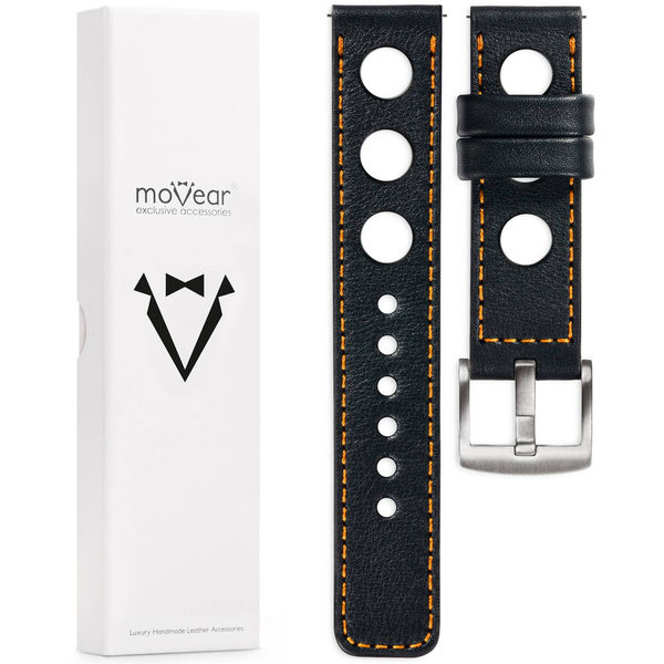 moVear Prestige R1 22mm leather watch strap | Black, Black stitching [sizes XS-XXL and buckle to choose from]