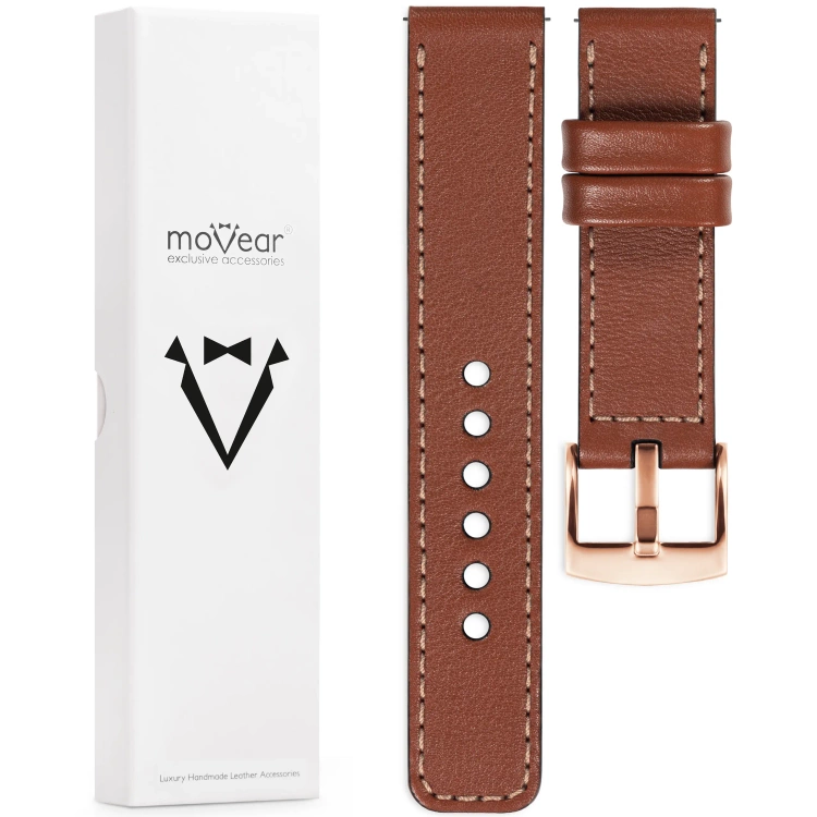 moVear Prestige C1 18mm leather watch strap | Brown, Brown stitching [sizes XS-XXL and buckle to choose from]