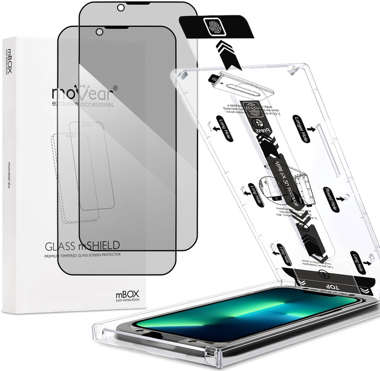 2 Stk. | moVear mBOX GLASS mSHIELD 2.5D MAX privacy für Apple iPhone 16e / 14 / 13 / 13 Pro (6.1") (Anti-Spionage, mit Applikator)
