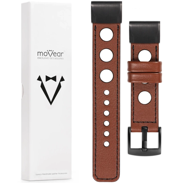 moVear Prestige R1 Leather strap for Garmin QuickFit 26mm (Fenix / Epix / Quatix / Tactix / Enduro - 51mm) Brown, Brown stitching [sizes XS-XXL and buckle to choose from]