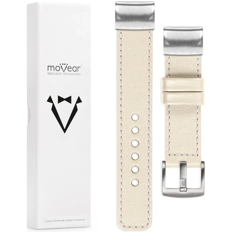 moVear Prestige C1 Lederarmband für Garmin QuickFit 22mm (Fenix / Forerunner / Epix / Instinct / Enduro / Quatix / MARQ - 47/45mm) Nude, Nude Nähte [Größen XS-XXL und Schnalle zur Auswahl]