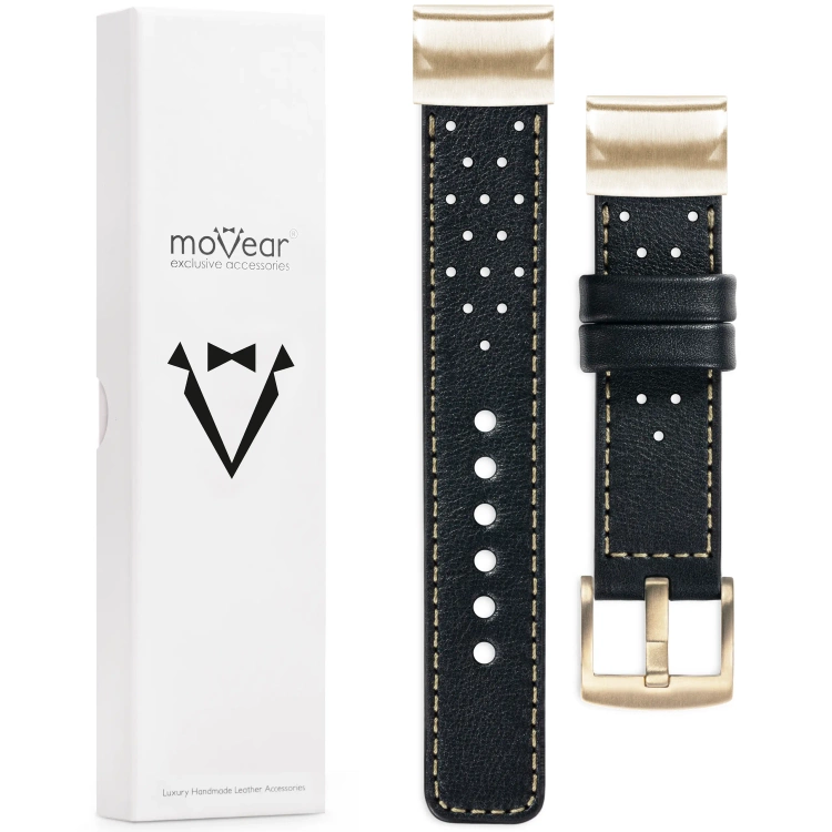 moVear Prestige R2 Lederarmband für Garmin QuickFit 20mm (Fenix / Instinct - 43/42/40mm) Schwarz, Schwarz Nähte [Größen XS-XXL und Schnalle zur Auswahl]