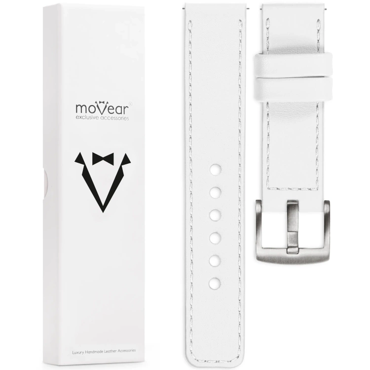 moVear Prestige C1 21mm Uhrenarmband aus Leder | Weiß, Weiß Nähte [Größen XS-XXL und Schnalle zur Auswahl]