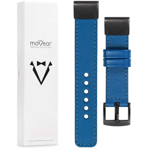 moVear Prestige C1 Lederarmband für Garmin QuickFit 22mm (Fenix / Forerunner / Epix / Instinct / Enduro / Quatix / MARQ - 47/45mm) Blau, Blau Nähte [Größen XS-XXL und Schnalle zur Auswahl]