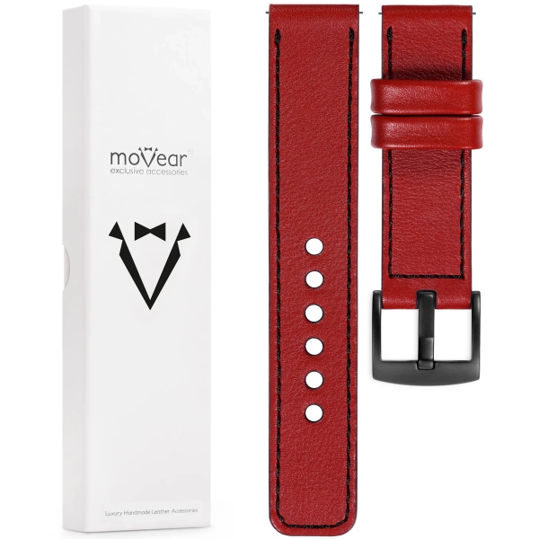 moVear Prestige C1 23mm leather watch strap | Scarlet red, Scarlet red stitching [sizes XS-XXL and buckle to choose from]