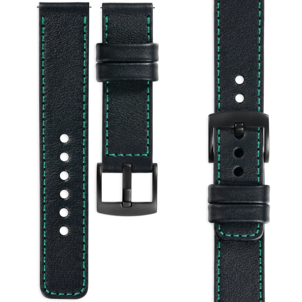 moVear Prestige C1 20mm Uhrenarmband aus Leder | Schwarz, Schwarz Nähte [Größen XS-XXL und Schnalle zur Auswahl]