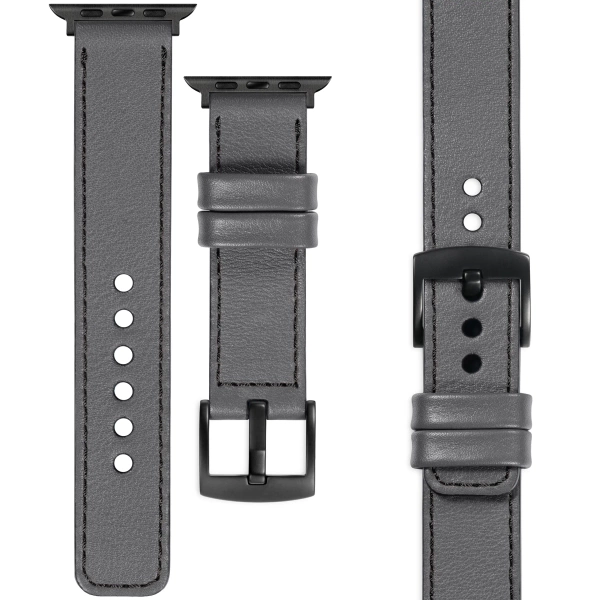 moVear Prestige C1 24mm Gray Leather strap for Apple Watch 10 / 9 / 8 / 7 / 6 / 5 / 4 / SE (46/45/44mm) & Ultra (49mm) | Gray stitching [sizes XS-XXL and buckle to choose from]