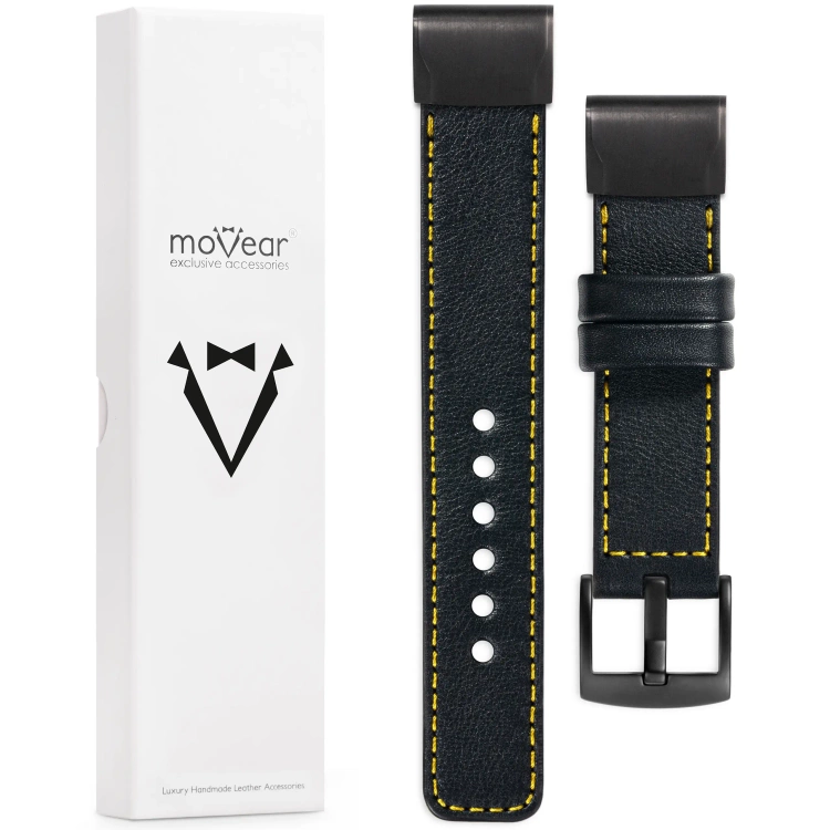 moVear Prestige C1 Lederarmband für Garmin QuickFit 22mm (Fenix / Forerunner / Epix / Instinct / Enduro / Quatix / MARQ - 47/45mm) Schwarz, Schwarz Nähte [Größen XS-XXL und Schnalle zur Auswahl]