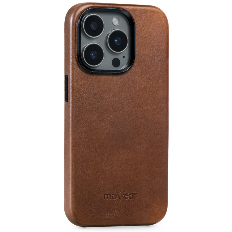 moVear [PRODUCT_MODEL] Lederrückseite für Apple iPhone 15 Pro Max (6.7") | MagSafe kompatibel, Naturgeöltes Leder (Dunkelbraun)