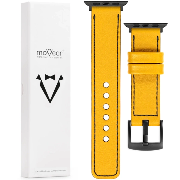 moVear Prestige C1 24mm Gelb Lederarmband für Apple Watch 10 / 9 / 8 / 7 / 6 / 5 / 4 / SE (46/45/44mm) & Ultra (49mm) | Gelb Nähte [Größen XS-XXL und Schnalle zur Auswahl]