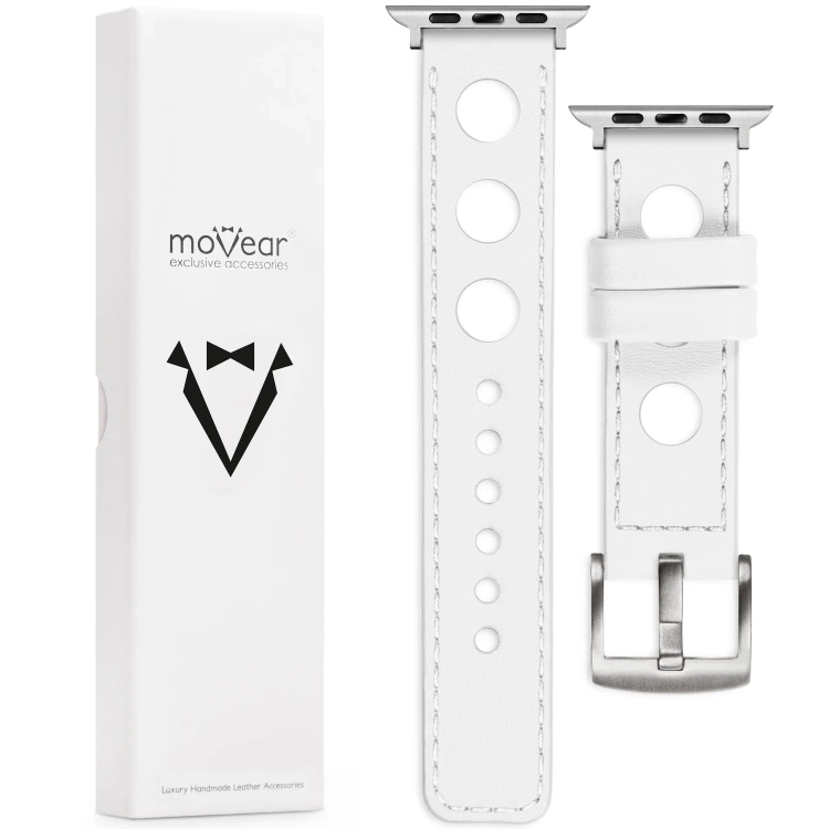 moVear Prestige R1 24mm Weiß Lederarmband für Apple Watch 10 / 9 / 8 / 7 / 6 / 5 / 4 / SE (46/45/44mm) & Ultra (49mm) | Weiß Nähte [Größen XS-XXL und Schnalle zur Auswahl]