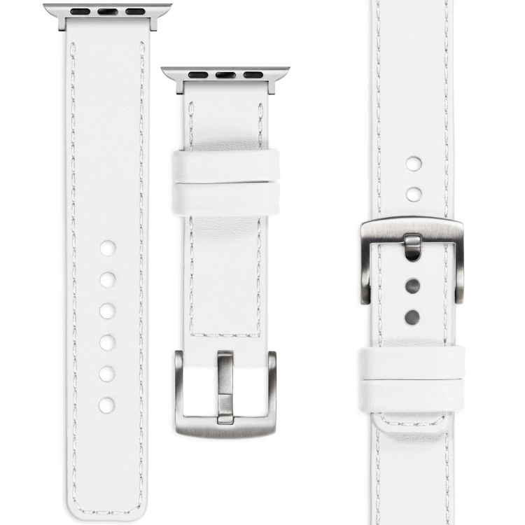 moVear Prestige C1 20mm Weiß Lederarmband für Apple Watch 10 / 9 / 8 / 7 / 6 / 5 / 4 / SE (46/45/44mm) & Ultra (49mm) | Weiß Nähte [Größen XS-XXL und Schnalle zur Auswahl]