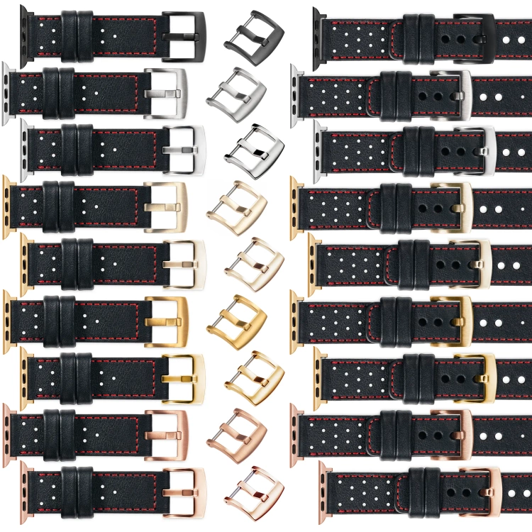 moVear Prestige R2 20mm Schwarz Lederarmband für Apple Watch 10 / 9 / 8 / 7 / 6 / 5 / 4 / SE (42/41/40mm) | Schwarz Nähte [Größen XS-XXL und Schnalle zur Auswahl]