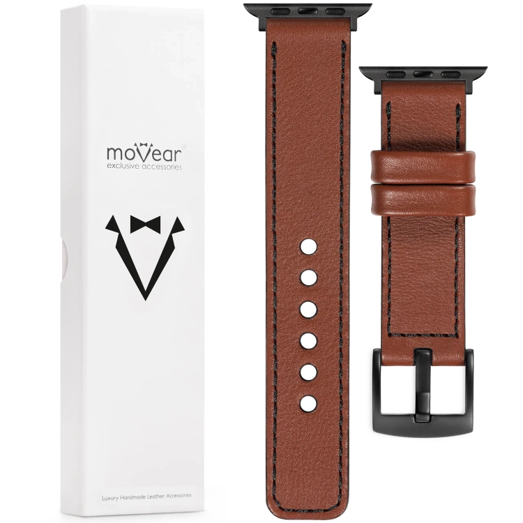 moVear Prestige C1 22mm Braun Lederarmband für Apple Watch 10 / 9 / 8 / 7 / 6 / 5 / 4 / SE (42/41/40mm) | Braun Nähte [Größen XS-XXL und Schnalle zur Auswahl]
