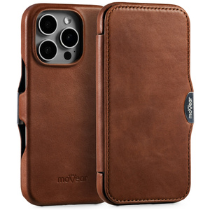 moVear flipSide 4C Leather case for Apple iPhone 16 Pro (6.3") | Natural oiled leather (Dark brown)