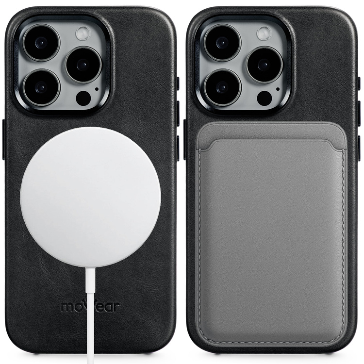 moVear [PRODUCT_MODEL] Leather back cover for Apple iPhone 15 Pro (6.1") | MagSafe compatible, Natural oiled leather (Black)