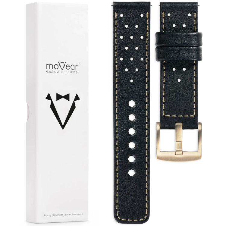 moVear Prestige R2 18mm Schwarz Lederarmband für Garmin Vivoactive 4S, Venu 3S/2S, Vívomove 3S | Schwarz Nähte [Größen XS-XXL und Schnalle zur Auswahl]
