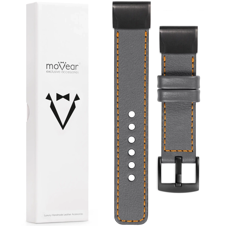 moVear Prestige C1 Lederarmband für Garmin QuickFit 26mm (Fenix / Epix / Quatix / Tactix / Enduro - 51mm) Grau, Grau Nähte [Größen XS-XXL und Schnalle zur Auswahl]