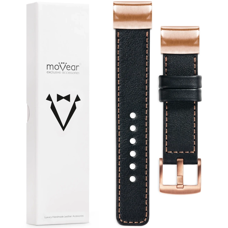 moVear Prestige C1 Lederarmband für Garmin QuickFit 20mm (Fenix / Instinct - 43/42/40mm) Schwarz, Schwarz Nähte [Größen XS-XXL und Schnalle zur Auswahl]