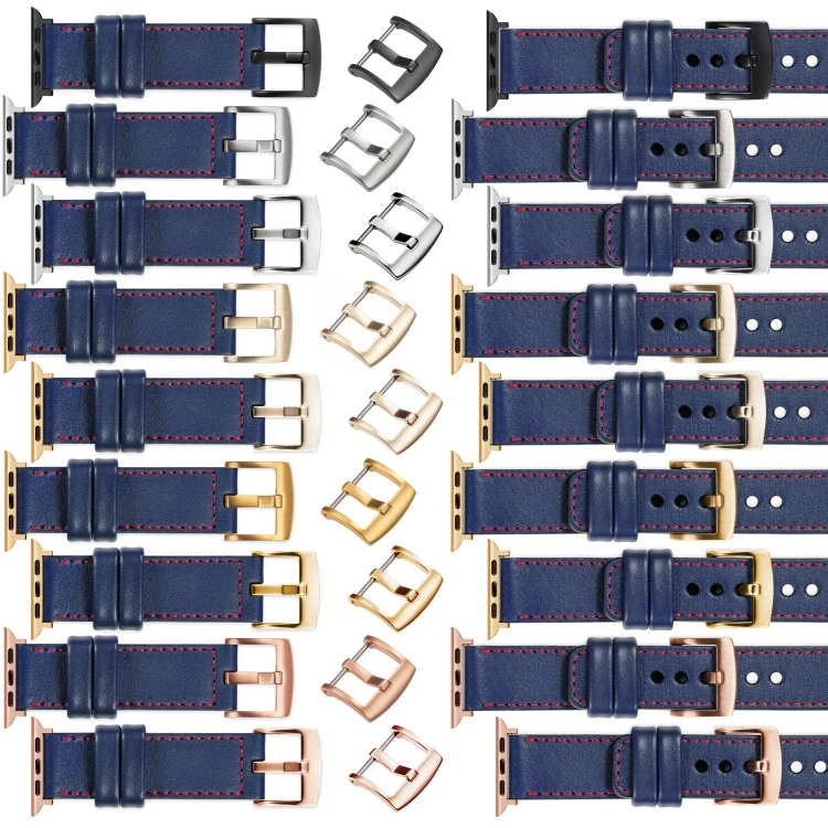 moVear Prestige C1 22mm Navy blau Lederarmband für Apple Watch 10 / 9 / 8 / 7 / 6 / 5 / 4 / SE (42/41/40mm) | Navy blau Nähte [Größen XS-XXL und Schnalle zur Auswahl]