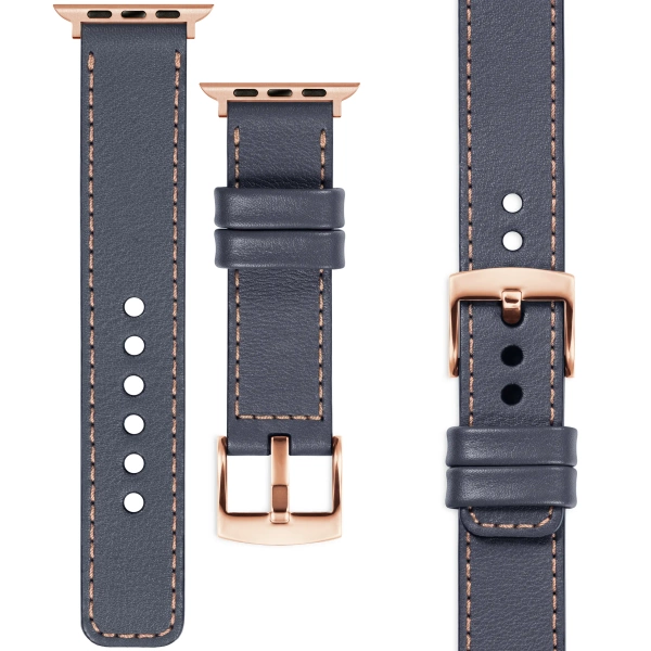 moVear Prestige C1 20mm Stahlgrau Lederarmband für Apple Watch 10 / 9 / 8 / 7 / 6 / 5 / 4 / SE (46/45/44mm) & Ultra (49mm) | Stahlgrau Nähte [Größen XS-XXL und Schnalle zur Auswahl]