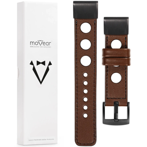 moVear Prestige R1 Lederarmband für Garmin QuickFit 22mm (Fenix / Forerunner / Epix / Instinct / Enduro / Quatix / MARQ - 47/45mm) Dunkelbraun, Dunkelbraun Nähte [Größen XS-XXL und Schnalle zur Auswahl]
