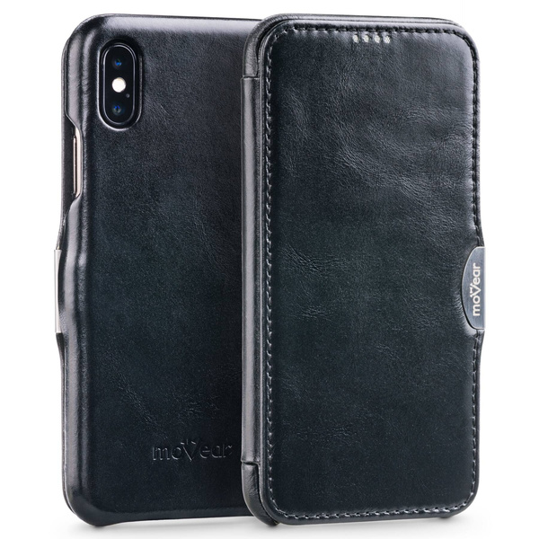 moVear flipSide C Leder Handyhülle für Apple iPhone Xs / X (5.8") | Vintage Leder (Schwarz)