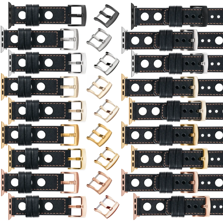 moVear Prestige R1 22mm Schwarz Lederarmband für Apple Watch 10 / 9 / 8 / 7 / 6 / 5 / 4 / SE (42/41/40mm) | Schwarz Nähte [Größen XS-XXL und Schnalle zur Auswahl]