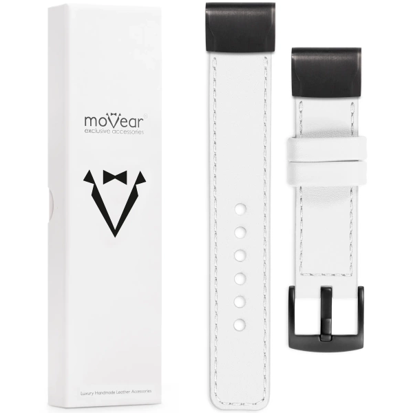 moVear Prestige C1 Leather strap for Garmin QuickFit 26mm (Fenix / Epix / Quatix / Tactix / Enduro - 51mm) White, White stitching [sizes XS-XXL and buckle to choose from]