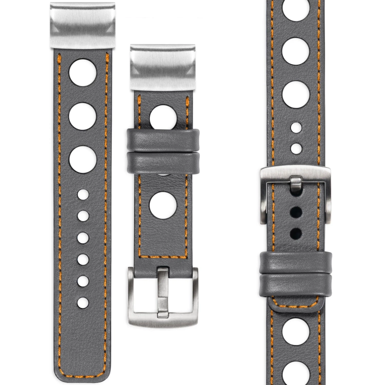 moVear Prestige R1 Lederarmband für Garmin QuickFit 26mm (Fenix / Epix / Quatix / Tactix / Enduro - 51mm) Grau, Grau Nähte [Größen XS-XXL und Schnalle zur Auswahl]