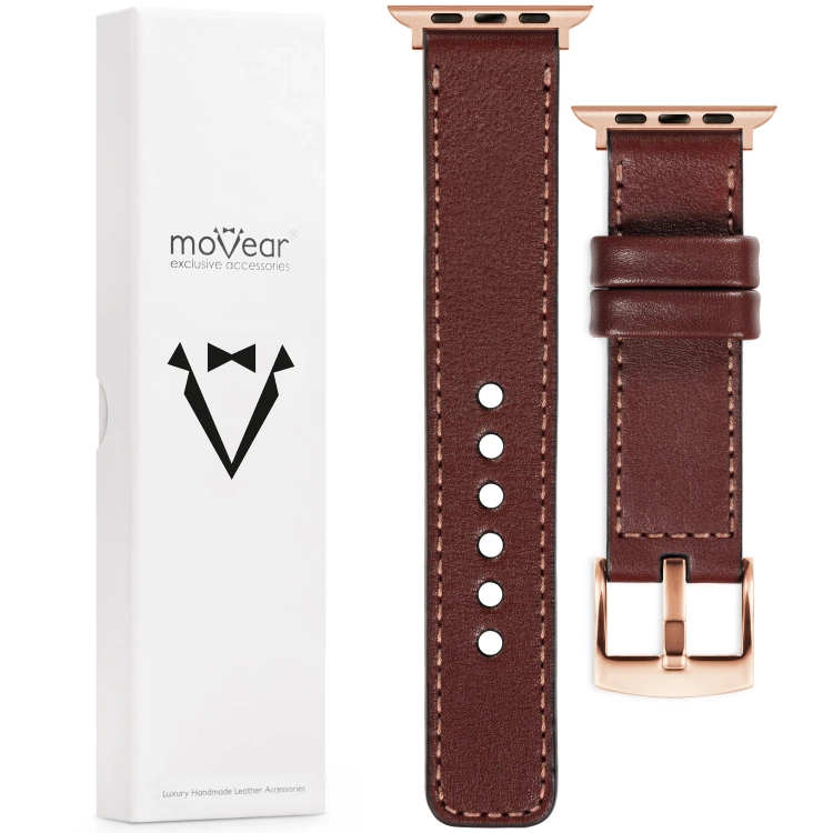 moVear Prestige C1 20mm Rotbraun Lederarmband für Apple Watch 10 / 9 / 8 / 7 / 6 / 5 / 4 / SE (46/45/44mm) & Ultra (49mm) | Rotbraun Nähte [Größen XS-XXL und Schnalle zur Auswahl]