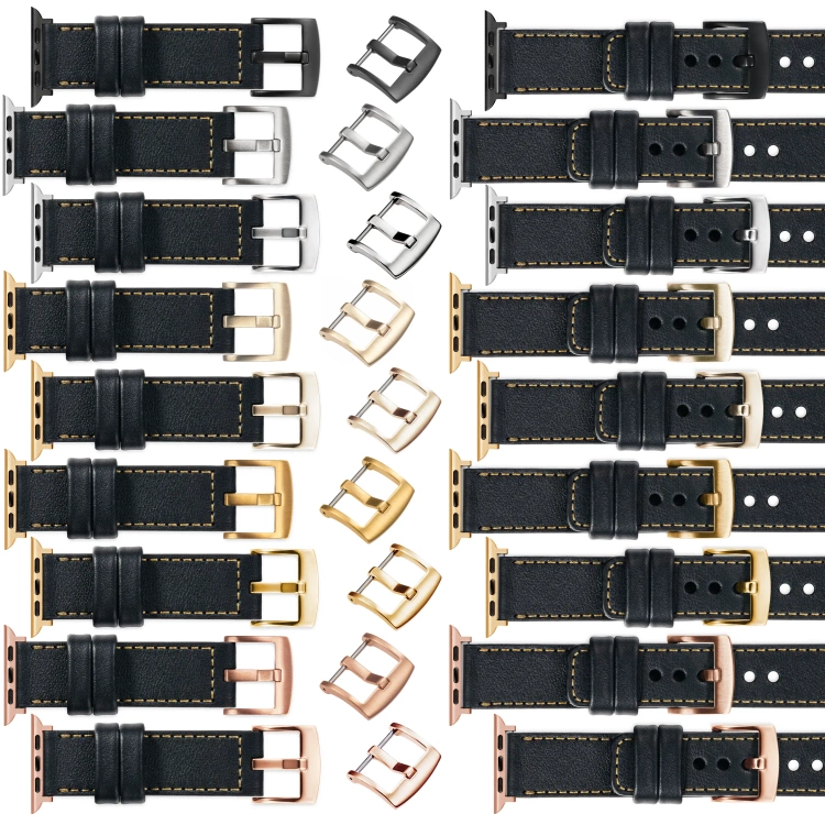 moVear Prestige C1 24mm Schwarz Lederarmband für Apple Watch 10 / 9 / 8 / 7 / 6 / 5 / 4 / SE (46/45/44mm) & Ultra (49mm) | Schwarz Nähte [Größen XS-XXL und Schnalle zur Auswahl]
