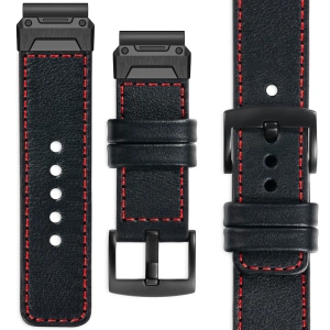 moVear Prestige C3X Leather strap for Garmin QuickFit 22mm (Fenix / Forerunner / Epix / Instinct / Enduro / Quatix / MARQ - 47/45mm) Black, Black stitching [sizes XS-XXL and buckle to choose from]