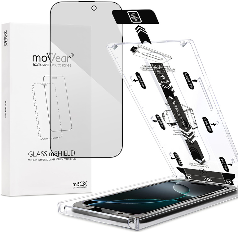 moVear mBOX GLASS mSHIELD 2.5D MAX privacy for Apple iPhone 17 Pro Max / 16 Pro Max (6.9") (Anti spy, with Applicator)