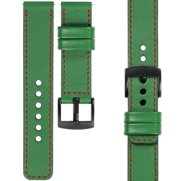 moVear Prestige C1 22mm Uhrenarmband aus Leder | Grün, Grün Nähte [Größen XS-XXL und Schnalle zur Auswahl]