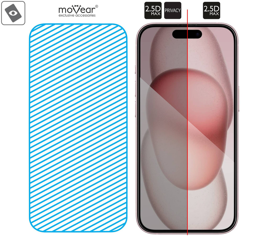 2 Stk. | moVear mBOX GLASS mSHIELD 2.5D MAX privacy für Apple iPhone 16 / 15 (6,1") (Anti-Spionage, mit Applikator)