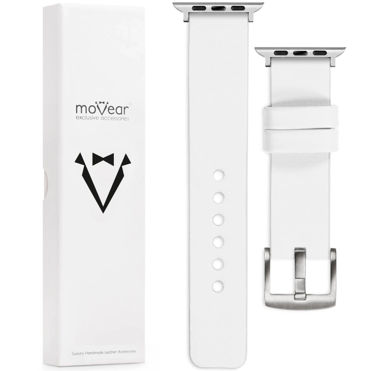 moVear Prestige S1 20mm Lederarmband für Apple Watch 10 / 9 / 8 / 7 / 6 / 5 / 4 / SE (42/41/40mm) Weiß [Adapter und Schnalle zur Auswahl]