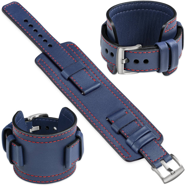 moVear Prestige CW1 18mm Breites Lederarmband mit Polster | Navy blau, Navy blau Nähte [Größen XS-XXL und Schnalle zur Auswahl]