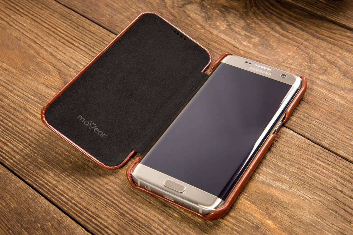 moVear flipSide S Ledertasche für Samsung Galaxy S7 edge (5.5") | Glatte Leder, Handy Hülle book type (Braun)