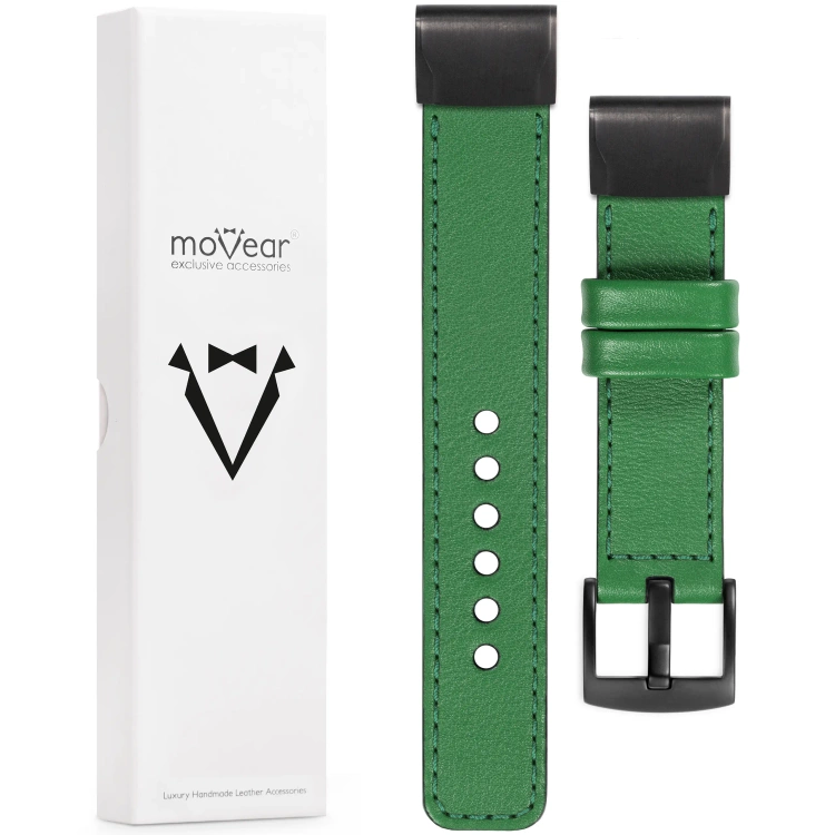 moVear Prestige C1 Leather strap for Garmin QuickFit 22mm (Fenix / Forerunner / Epix / Instinct / Enduro / Quatix / MARQ - 47/45mm) Green, Green stitching [sizes XS-XXL and buckle to choose from]