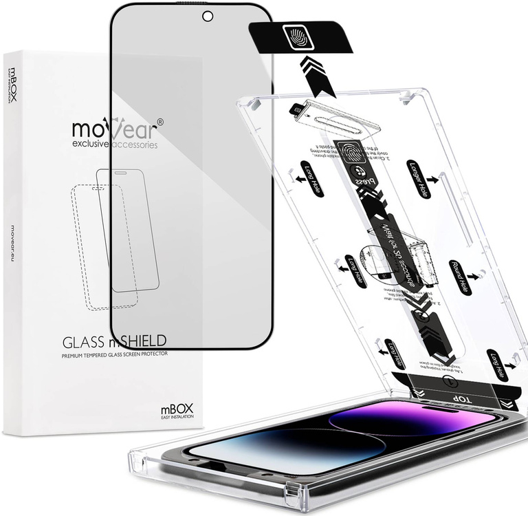 moVear mBOX GLASS mSHIELD 2.5D MAX privacy for Apple iPhone 14 Pro Max (6.7") (Anti spy, with Applicator)