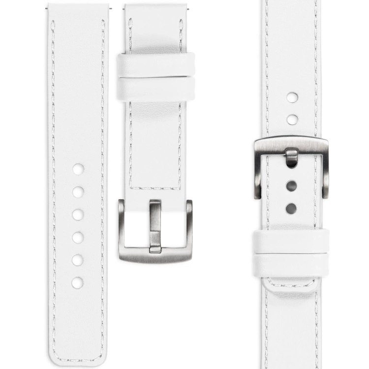 moVear Prestige C1 23mm Uhrenarmband aus Leder | Weiß, Weiß Nähte [Größen XS-XXL und Schnalle zur Auswahl]