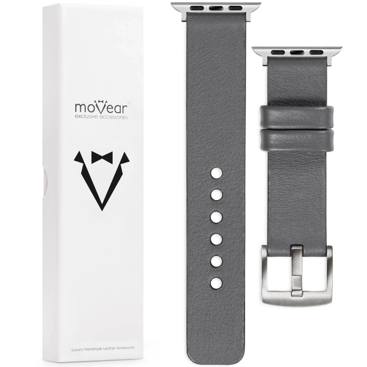 moVear Prestige S1 24mm Lederarmband für Apple Watch 10 / 9 / 8 / 7 / 6 / 5 / 4 / SE (46/45/44mm) & Ultra (49mm) Grau [Adapter und Schnalle zur Auswahl]