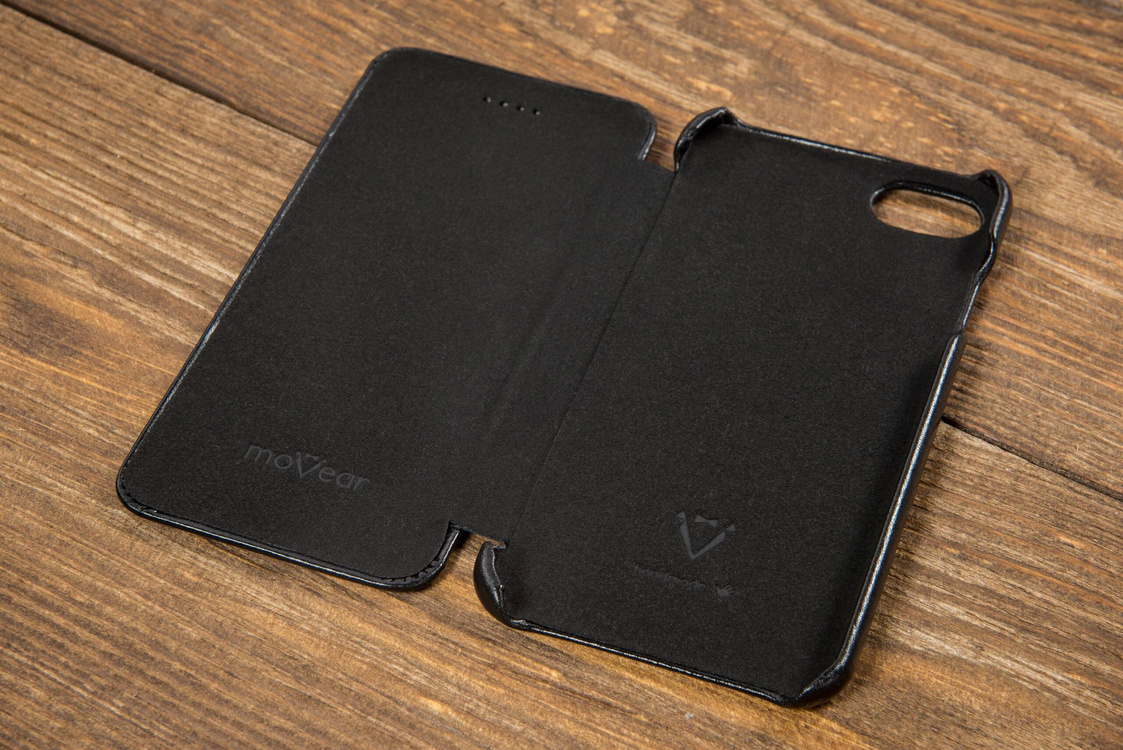 moVear flipSide S Ledertasche für Apple iPhone SE (2022 / 2020) / 8 / 7 (4.7") | Glatte Leder, Handy Hülle book type (Schwarz)