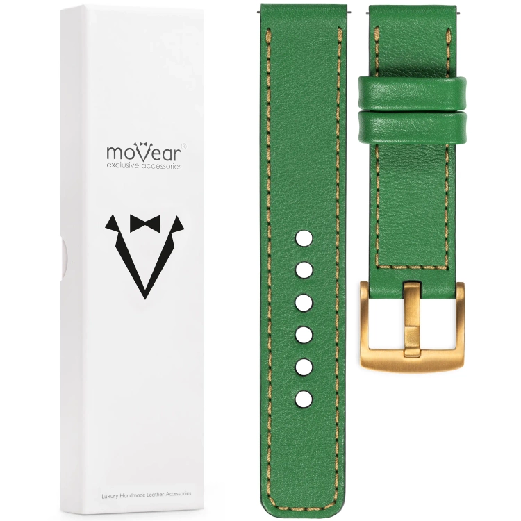 moVear Prestige C1 26mm Uhrenarmband aus Leder | Grün, Grün Nähte [Größen XS-XXL und Schnalle zur Auswahl]