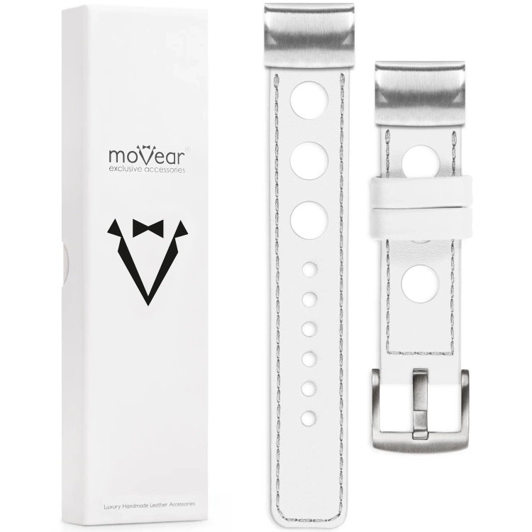 moVear Prestige R1 Lederarmband für Garmin QuickFit 20mm (Fenix / Instinct - 43/42/40mm) Weiß, Weiß Nähte [Größen XS-XXL und Schnalle zur Auswahl]