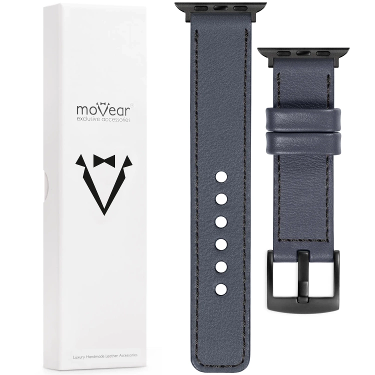 moVear Prestige C1 22mm Stahlgrau Lederarmband für Apple Watch 10 / 9 / 8 / 7 / 6 / 5 / 4 / SE (42/41/40mm) | Stahlgrau Nähte [Größen XS-XXL und Schnalle zur Auswahl]