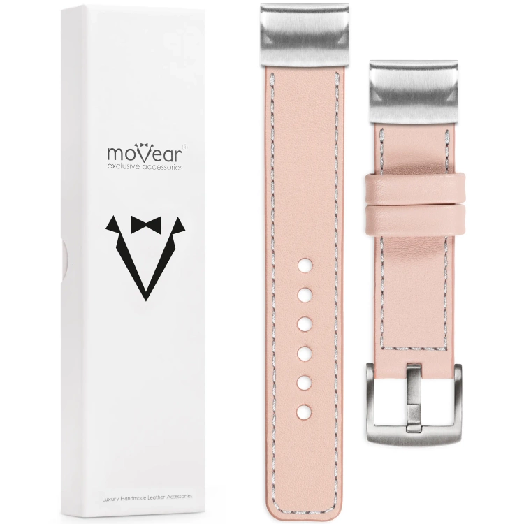 moVear Prestige C1 Leather strap for Garmin QuickFit 22mm (Fenix / Forerunner / Epix / Instinct / Enduro / Quatix / MARQ - 47/45mm) Flesh pink, Flesh pink stitching [sizes XS-XXL and buckle to choose from]