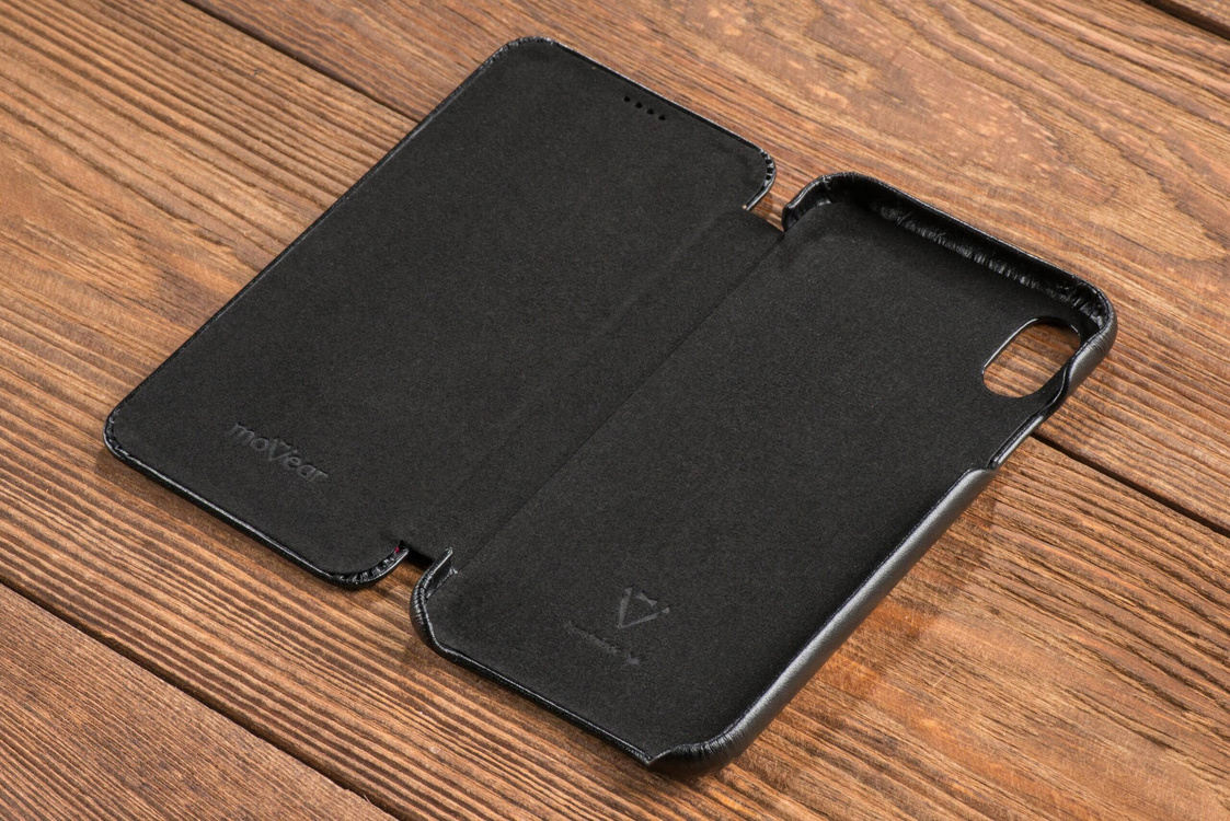 moVear flipSide S Ledertasche für Apple iPhone Xs MAX (6.5") | Glatte Leder, Handy Hülle book type (Schwarz)